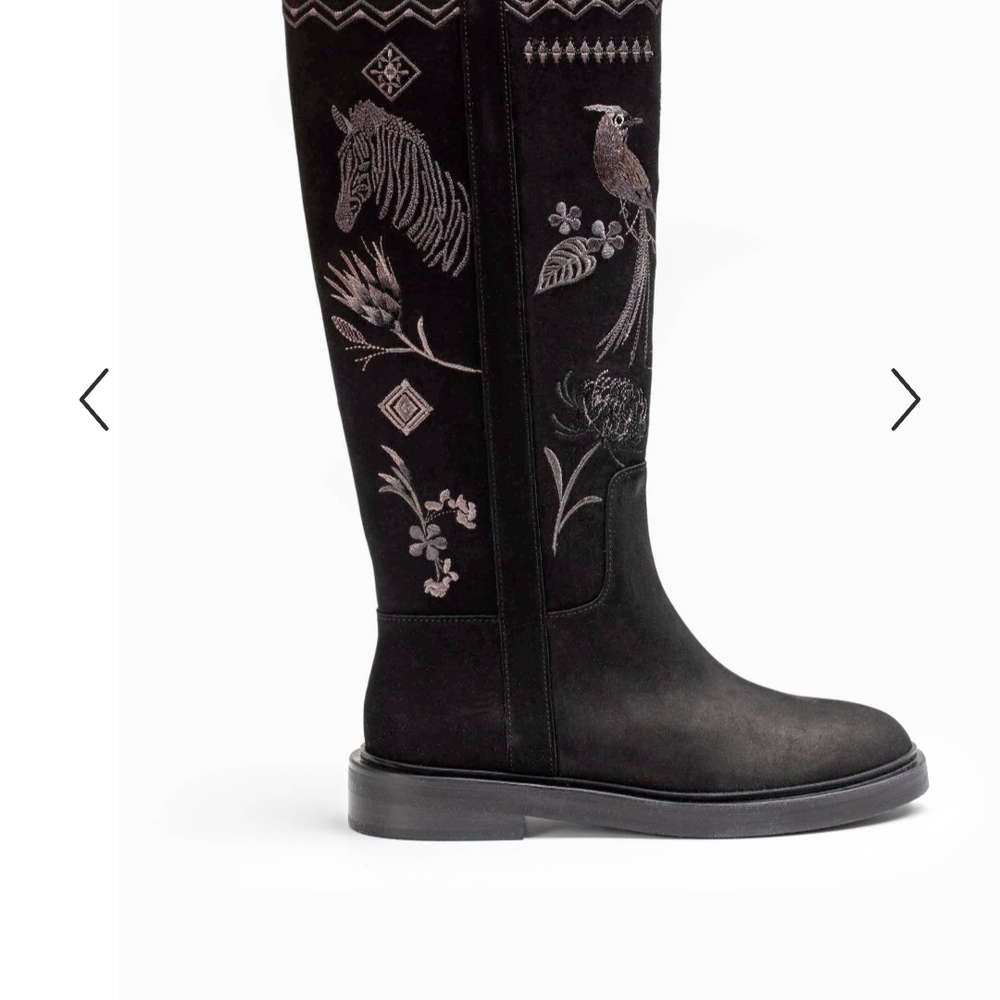 Embroidered Black Knee-High Boots